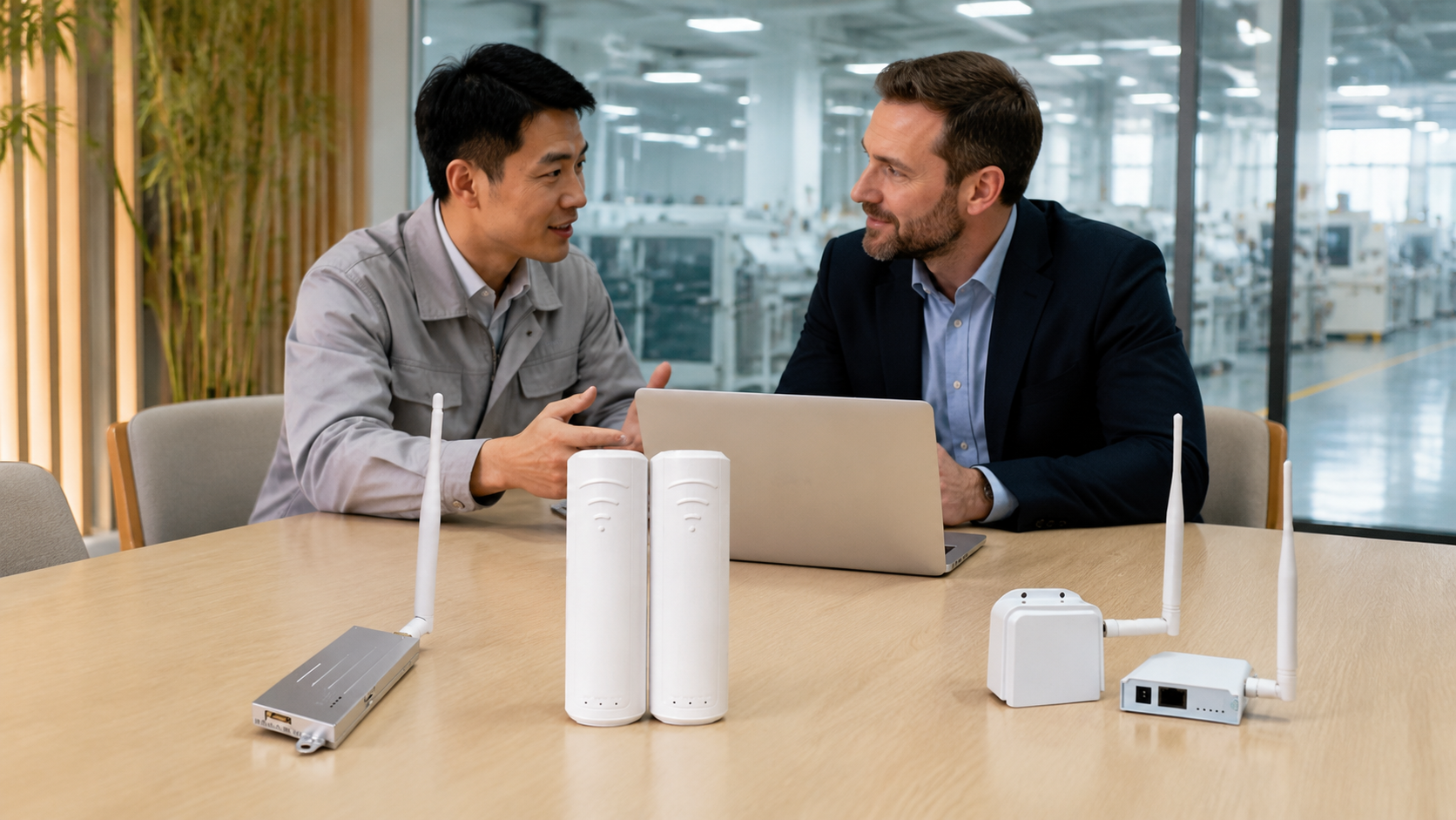Chinese engineer and foreign customer reviewing WiFi HaLow products on a meeting table