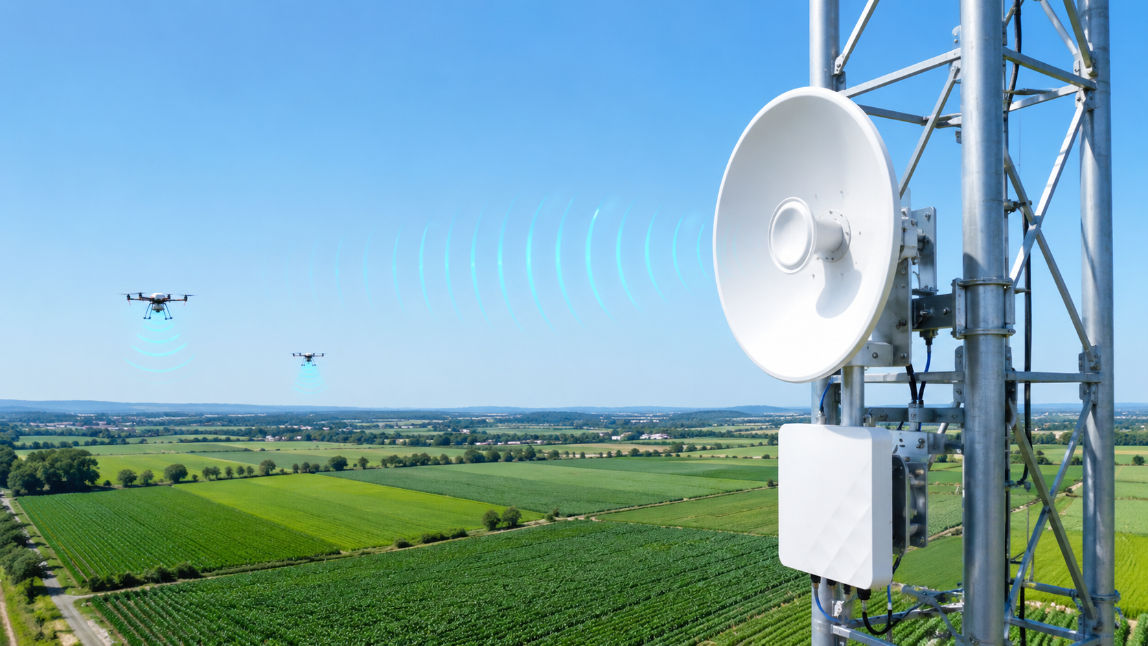 High signal tower transmitting WiFi HaLow coverage across agricultural land with drones